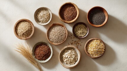 Various grains and seeds displayed in bowls for healthy eating