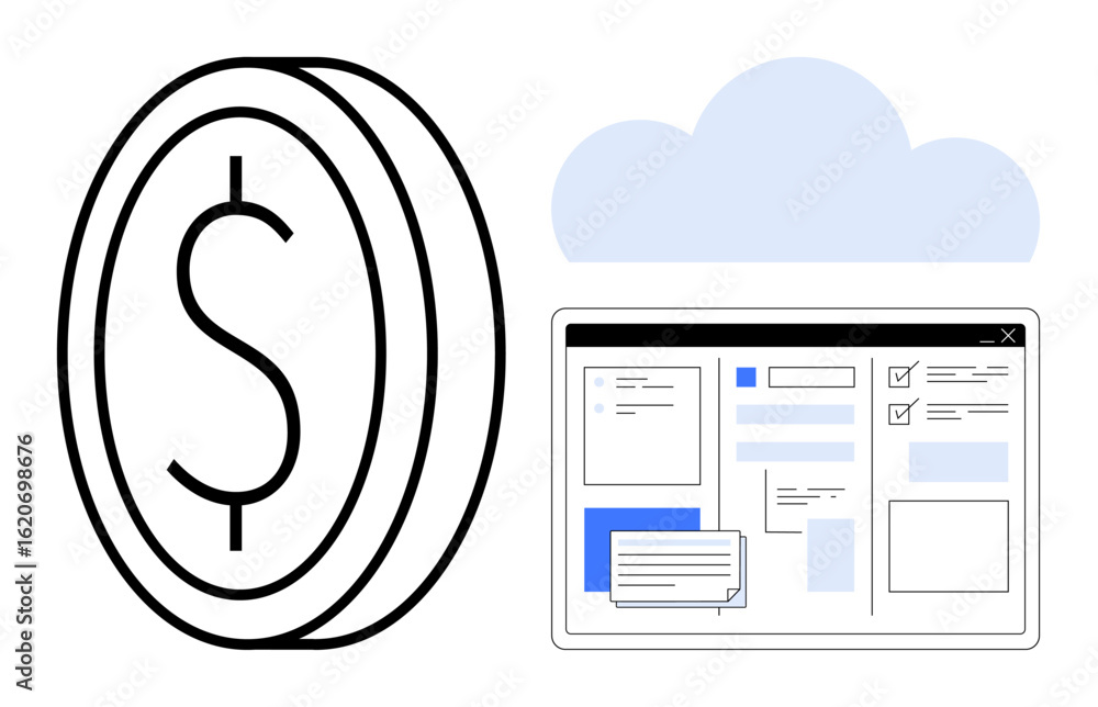 Poster coin with a dollar sign, cloud, and a digital dashboard with documents and task lists. ideal for fin