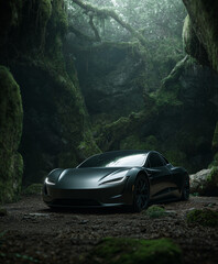 Black Sports Car Parked in Forest