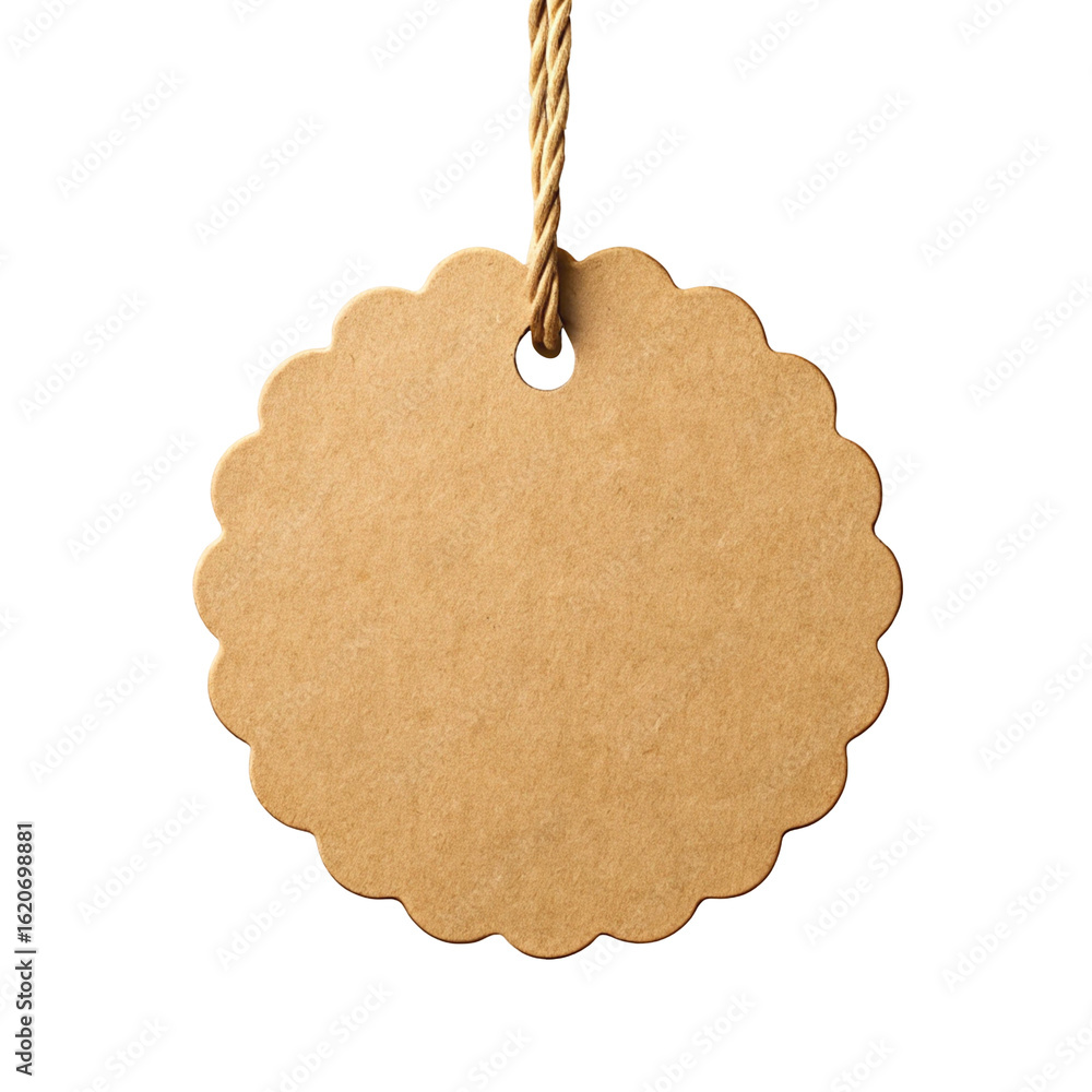 Poster round kraft paper tag with scalloped edge hanging on a string isolated on transparent background