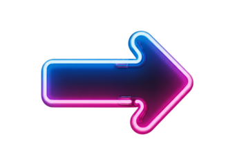A neon arrow pointing to the right. The arrow is illuminated in blue and pink colors against a transparent background.