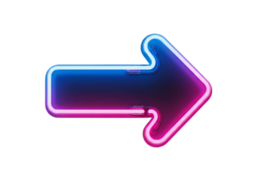 A neon arrow pointing to the right. The arrow is illuminated in blue and pink colors against a transparent background.