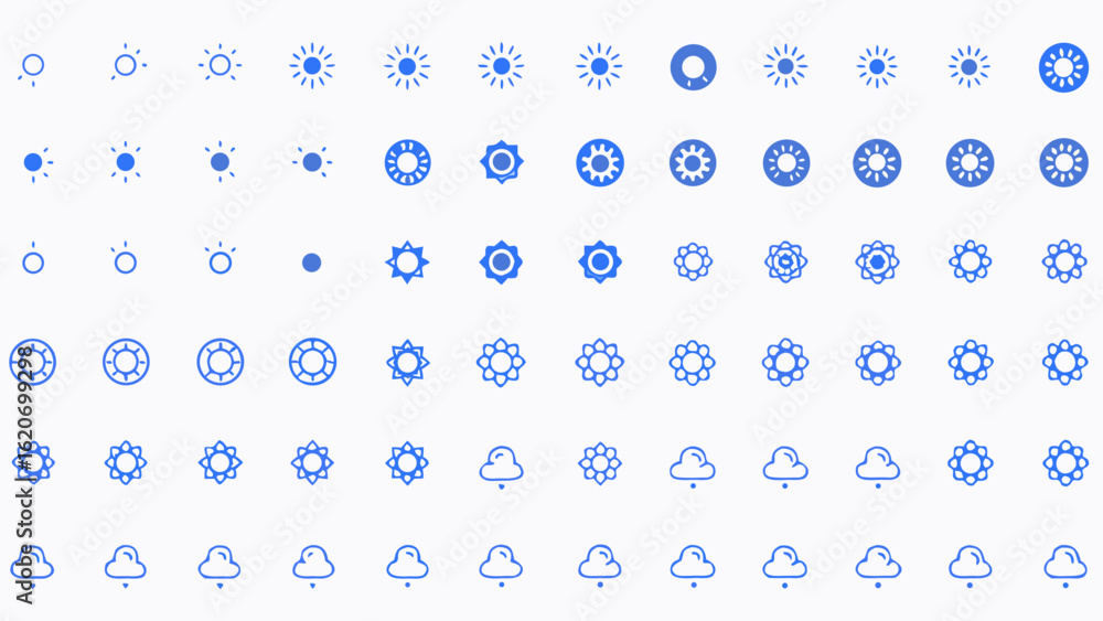 Poster vector illustration showing a matrix of evolving sun and cloud icons in blue on a white background d
