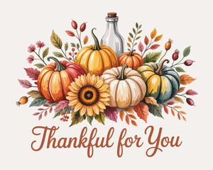 Digital illustration of a beautiful autumn harvest arrangement, featuring pumpkins, colorful fall foliage, sunflower, and berries, with 'Thankful for You' text.