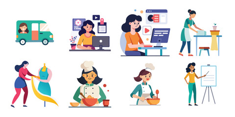 Collection of women in different professions isolated on white background