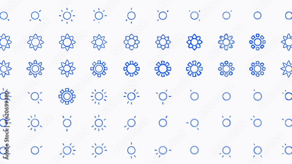 Poster vector collection of blue outlined sun and flower icons arranged in a grid pattern on a white backgr
