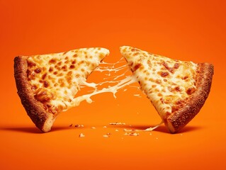 Two pieces of delicious slices of pizza, stretching apart on vibrant orange background, perfect for food marketing and menu design, food magazines, food blogs, food advertising, promotion, styling
