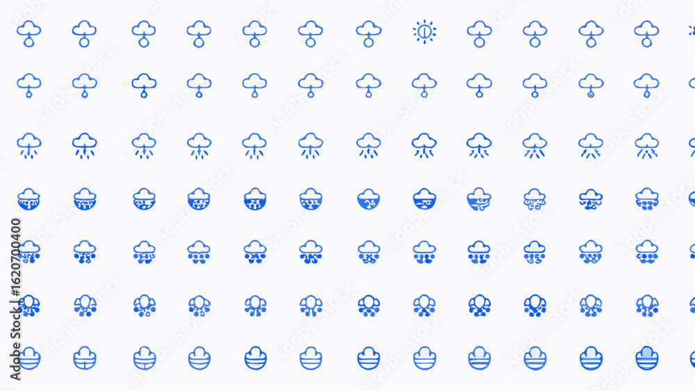 Poster vector collection of weather icons depicting various cloud and rain conditions in a grid formation d