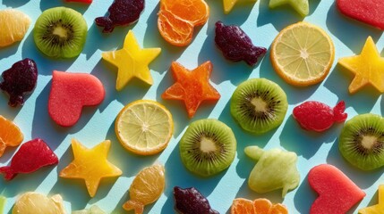 Sliced and shaped fruit creating colorful pattern on blue background