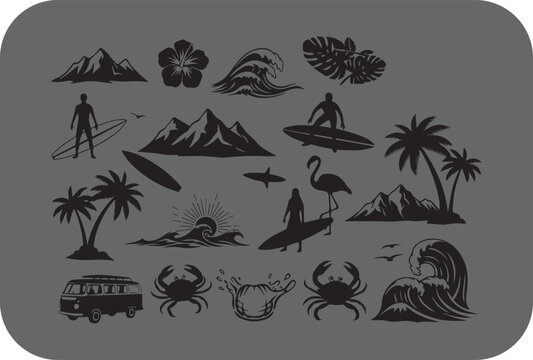 Tropical and coastal silhouette collection surfing nature and beach vibes for design and art
