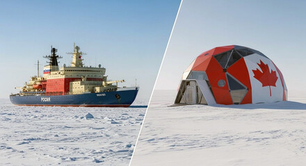 Arctic Exploration Icebreaker and Canadian Dome on Snow Fast Winter Landscape