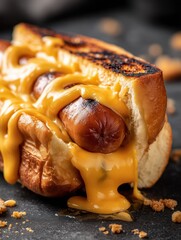 Grilled cheese hot dog in crispy bun with melted cheddar, perfect for fast food marketing, food marketing, promotion, food magazine, styling, food blog