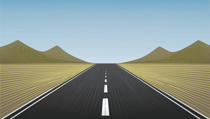 Minimal illustration of a straight road leading to distant mountains with clear blue sky. Simple and clean landscape concept for travel, journey, or adventure themes.