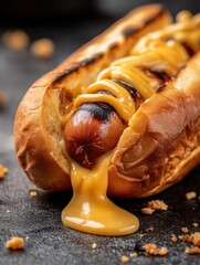 Grilled cheese hot dog in crispy bun with melted cheddar, perfect for fast food, food marketing, promotion, food magazine, styling, food blog