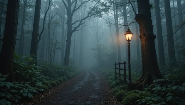 Close up Lighted Lantern on Path Through Foggy Forest