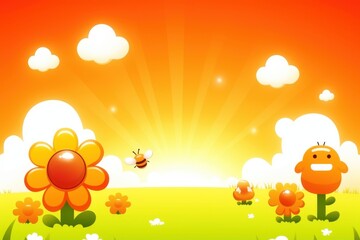 Bright and Cheerful Landscape with Flowers and Bee at Sunrise