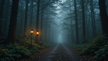 Fototapeta premium Close up Lighted Lantern on Path Through Foggy Forest