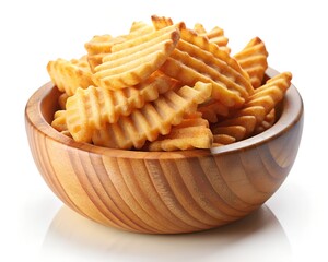 Golden Waffle Fries in Rustic Wooden Bowl:  Crispy, Delicious Snack Food Photography