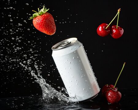 Strawberry, rusberry and cherry surrounding a white soda can mockup photo 