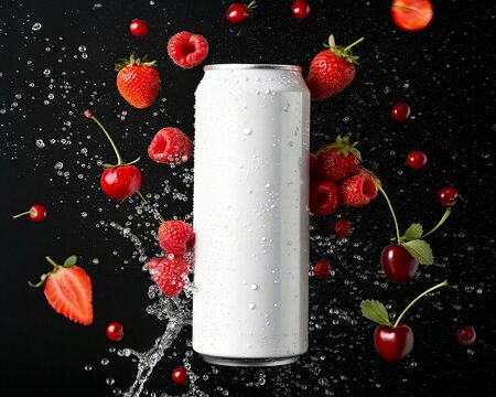 Strawberry, rusberry and cherry surrounding a white soda can mockup photo 