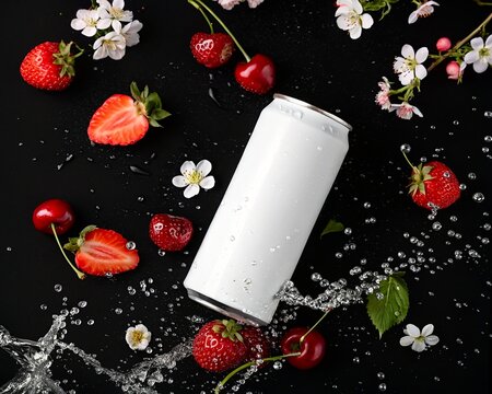 Strawberry, rusberry and cherry surrounding a white soda can mockup photo 
