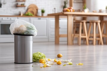 Metal trash can in kitchen with food scraps and vegetable waste on the floor.