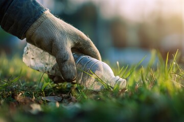 Gloved hand picking up a plastic bottle from the grass.