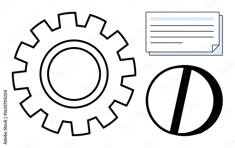 Poster large gear symbolizing mechanisms, paper notes for documentation, and circle with divider for balanc