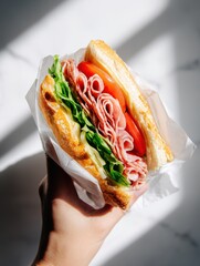 Close up of a man holding delicious ham and cheese sandwich, wrapped in white paper, food magazine style photo for advertising and promotional use, magazine styling