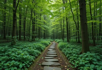 Close up Stone Path Through Lush Green Forest