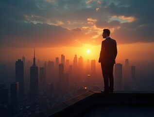 Plakat A modern and sleek silhouette of a businessman gazing over a bustling cityscape. A powerful representation of ambition, leadership, and progress.