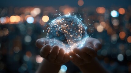 Holding Glowing Digital Globe World with Network Connections in Open Hand bokeh big city lights in the background