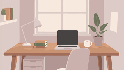 Cozy workspace setup with laptop, books, plant, and coffee creating a tranquil study scene