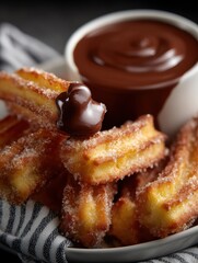 Golden spanish churros with cinnamon sugar and rich chocolate sauce, sweet snack, food photography for dessert promotion and menu design, food blog, ads