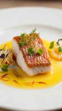 Pan-seared fish fillet with crispy skin in a saffron sauce. Gourmet seafood dish garnished with fresh dill and microgreens on a white plate.