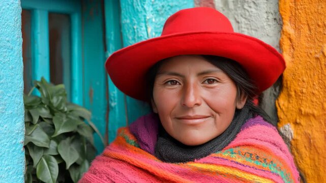 Smiling hispanic woman in red hat and colorful poncho by vibrant wall