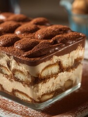 Traditional homemade Italian tiramisu in a clear glass baking dish, topped with rich cocoa powder and layered with creamy mascarpone and ladyfingers, food branding and dessert promotions, marketing