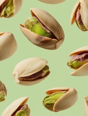 Close-up of opened pistachio nuts isolated on a soft light green background in a fresh and modern food composition, food inspiration, branding, promotion, marketing