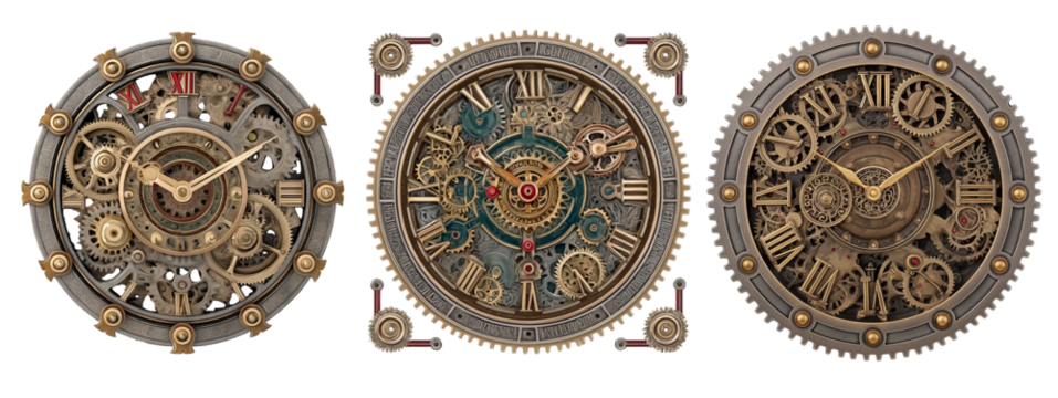 steampunk inspired clock featuring intricate gears on transparent background