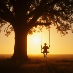 A peaceful silhouette of a person sitting on a swing under a large tree, surrounded by warm golden light. A dreamy and inspirational scene, perfect for motivational posters and backgrounds.