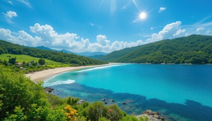 Obraz premium Close up Landscape with Lush Greenery and Clear Blue Water Under Bright Sunny Sky
