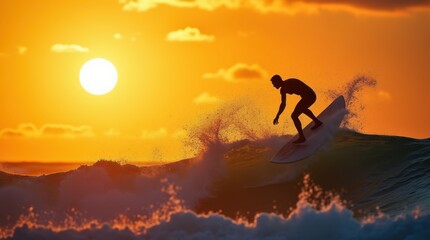 A stunning image of a surfer silhouette riding a wave with a vibrant sunset in the background. A symbol of energy, freedom and extreme.