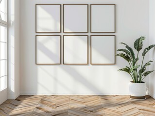 A white room with a white wall and a white framed picture on the wall. There are six white frames on the wall