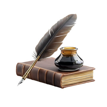 feather quill and ink pot resting on a book on transparent background.