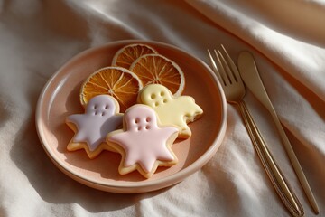 Halloween ghost cookies and dried orange slices on ceramic plate with gold cutlery