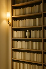 Tall library shelves filled with stacked hardcover books and a soft wall light creating a cozy atmosphere

