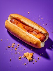 Tasty hot dog with ketchup sauce and mustard, scattered crumbs on purple background, commercial food image for fast food ads, packaging, menu design, mockups
