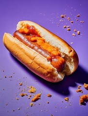 Tasty hot dog with ketchup sauce and mustard, scattered crumbs on purple background, commercial food image for fast food ads, packaging, menu design, mockups