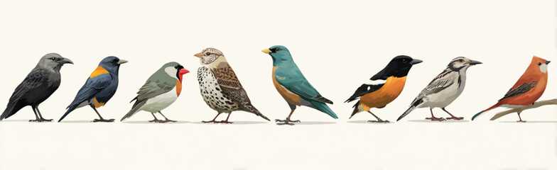 Obraz premium Diverse Bird Species Illustration in a Row Ornithology and Wildlife Art for Nature Enthusiasts and Bird Watchers