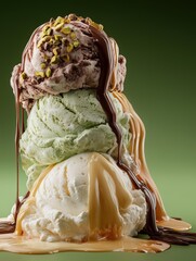 Melting vanilla, pistachio and chocolate ice cream scoops with caramel topping– photorealistic dessert concept for food promotion and advertising, menu design, food blog